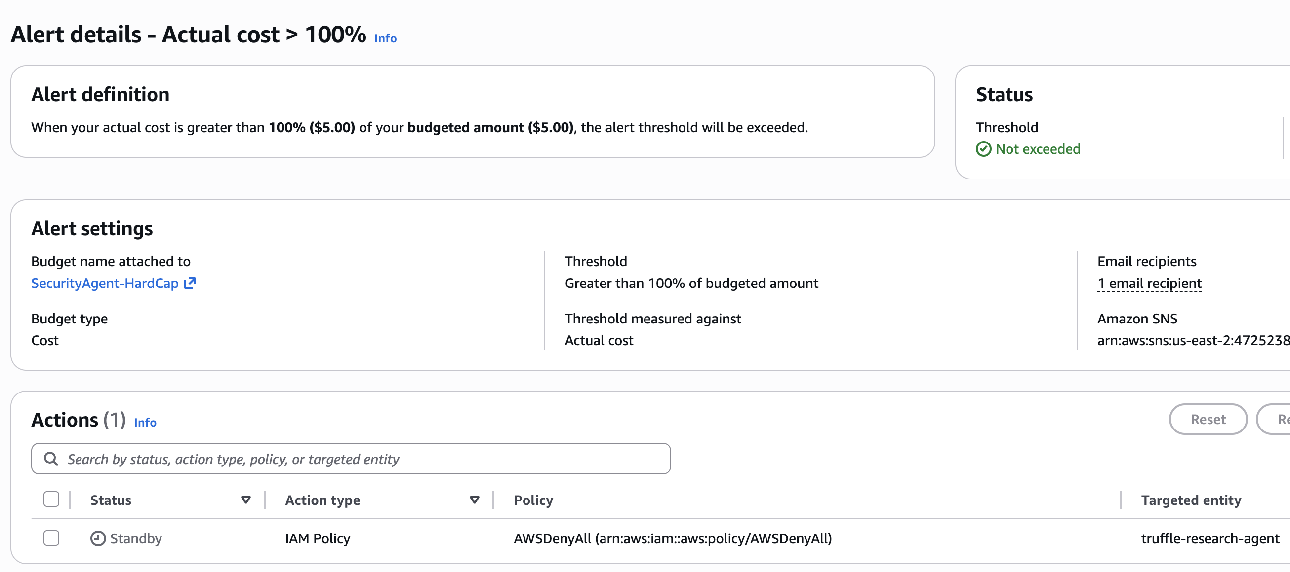 AWS Budgets console showing the quarterly $5.00 budget limit and circuit breaker action configuration