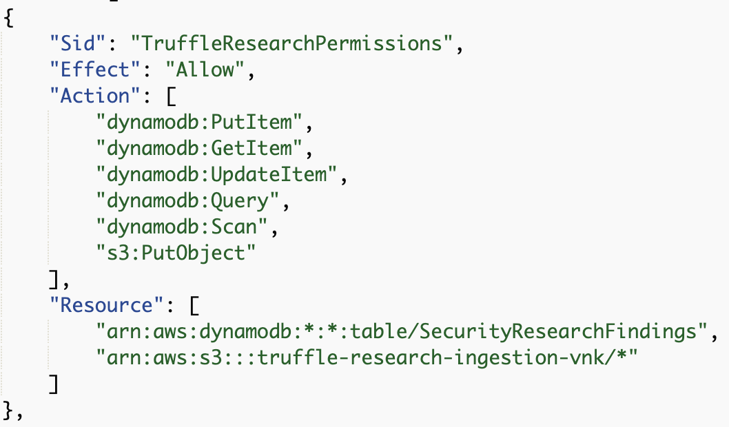 IAM policy JSON editor showing scoped permissions for DynamoDB and S3 with specific actions and resource ARNs