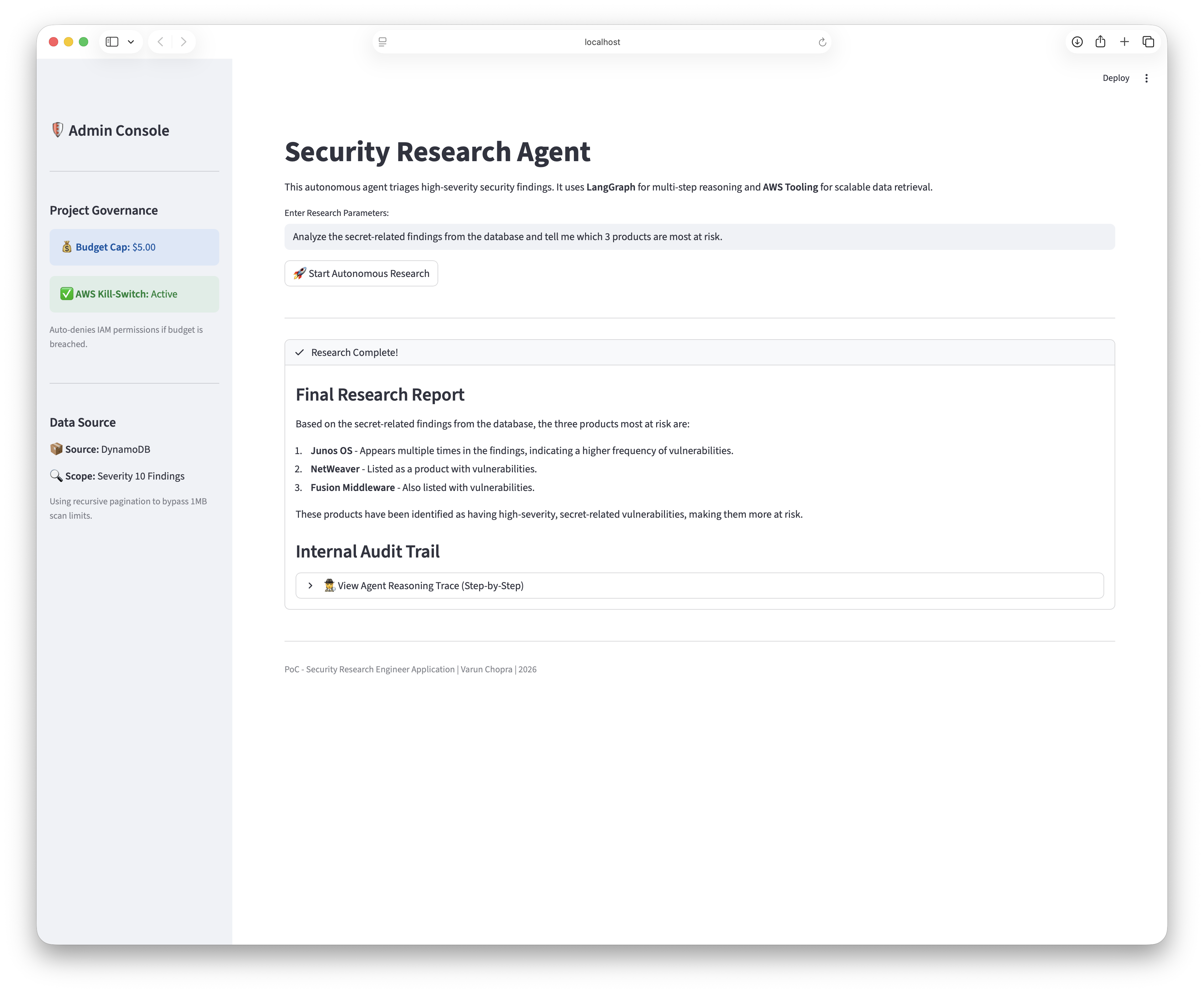 Streamlit dashboard displaying initial research findings being generated