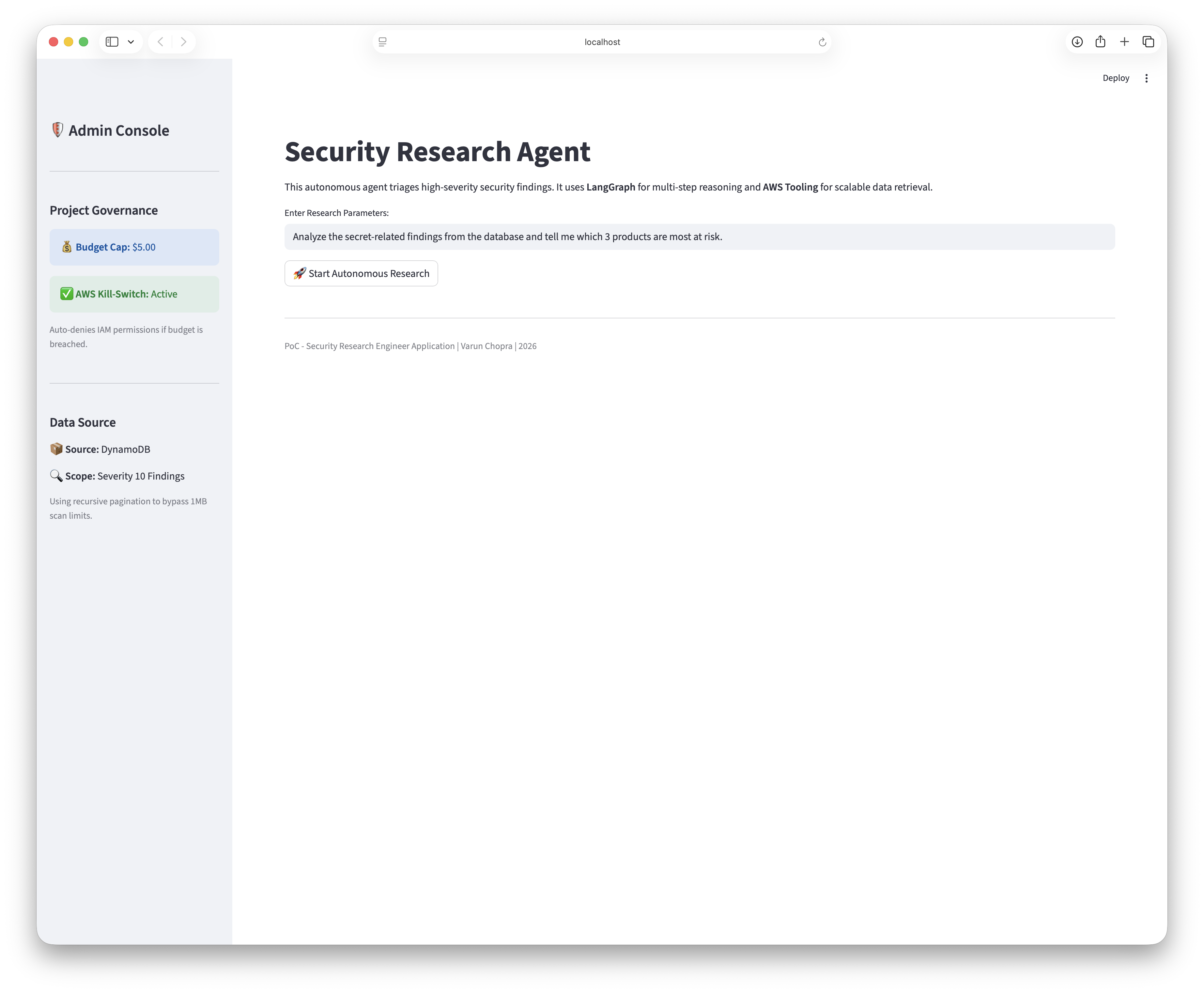 Streamlit dashboard showing the agent's reasoning process before executing the research query