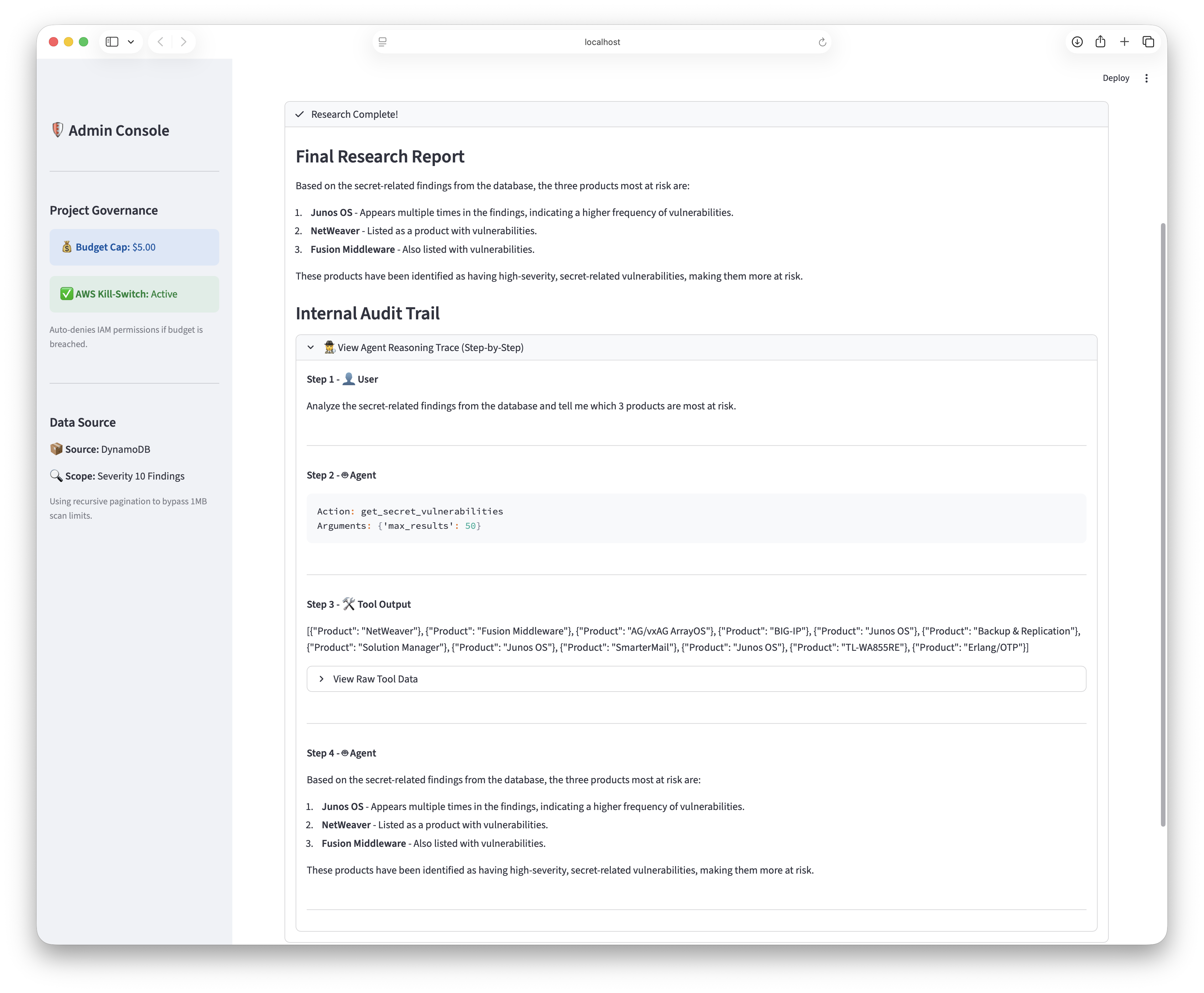 Streamlit dashboard displaying the agent's reasoning trace, tool invocations, and final research results