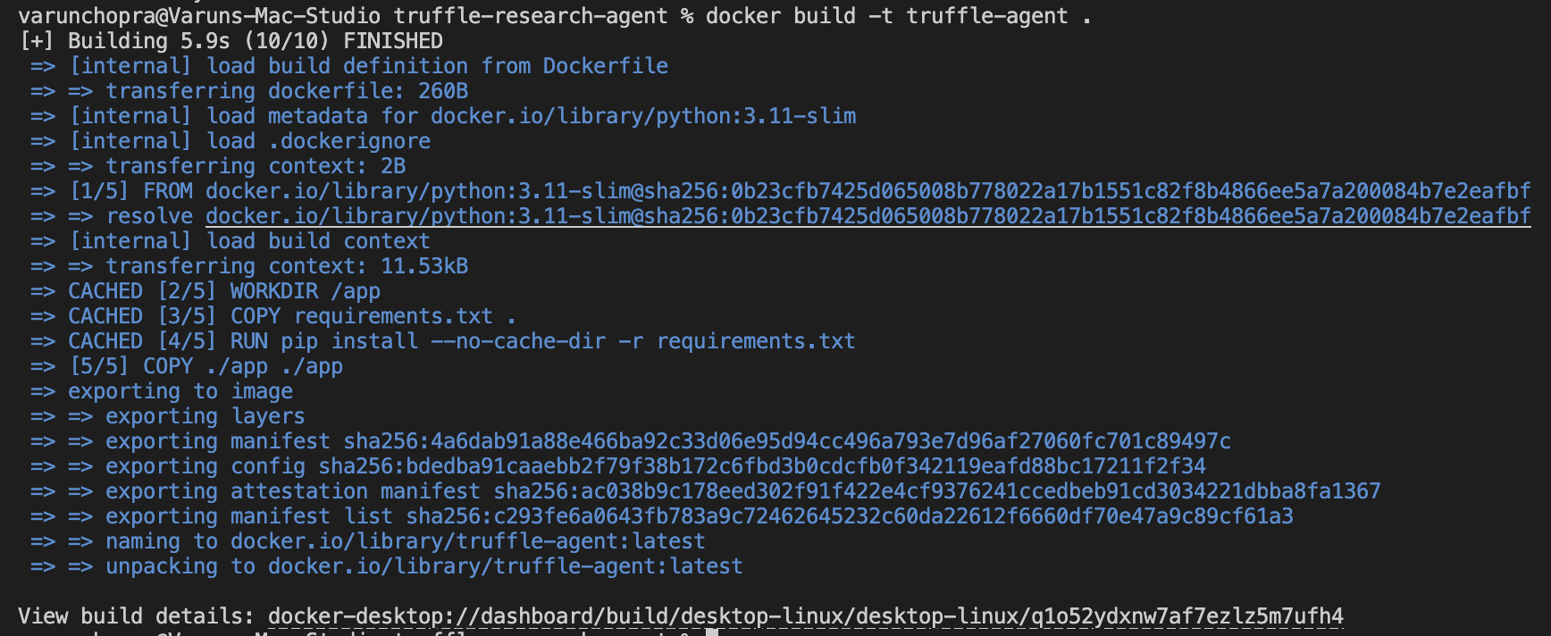 Terminal showing docker build command successfully building the research agent container image