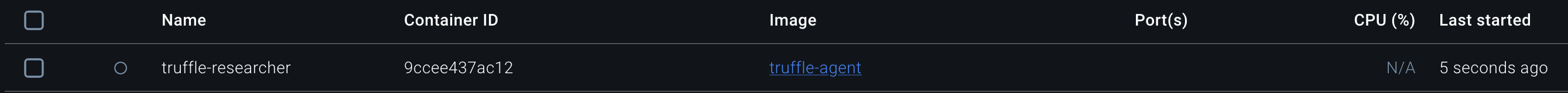 Docker container listing showing the research agent image successfully created