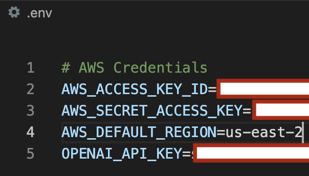 Environment variable configuration showing AWS credentials securely stored in .env file with sensitive values redacted